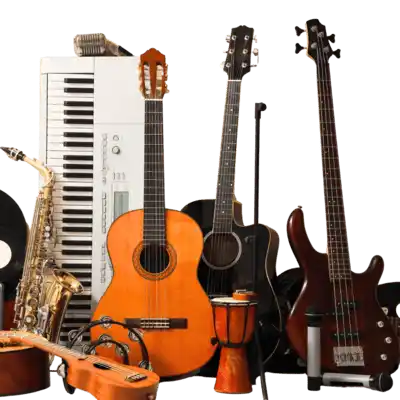 Diversos instrumentos musicais representando o universo da música ensinada no Tocando do Zero